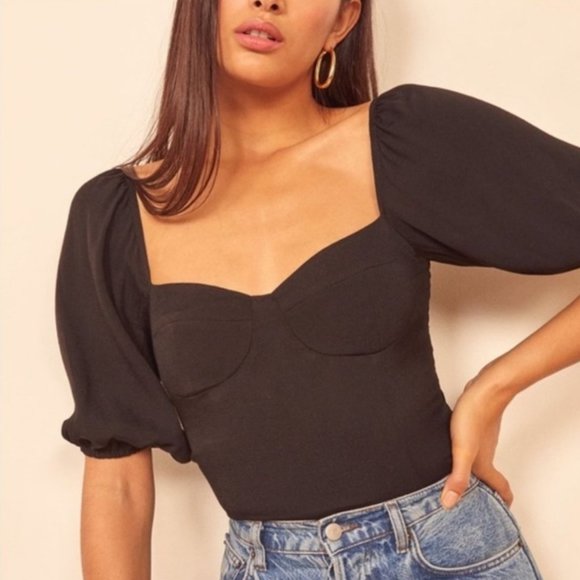 Reformation Lua Puff Sleeve Top, Black, Size 0, NWOT, Never Worn - Picture 2 of 4